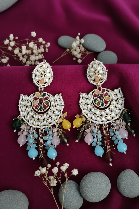 Elegant Multicolored Kundan Stone Chandbali Earrings