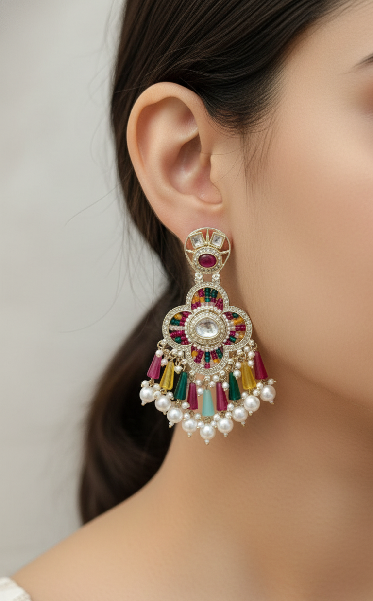 Multi-Color Kundan Floral Drop Earrings
