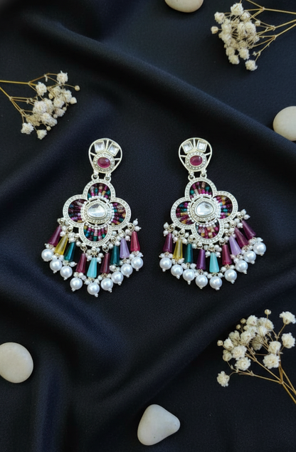 Multi-Color Kundan Floral Drop Earrings