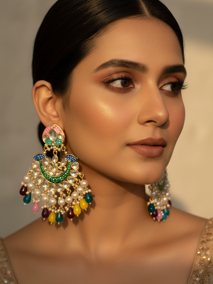 Multi-Color Enamel & Pearl Chandbali Earrings