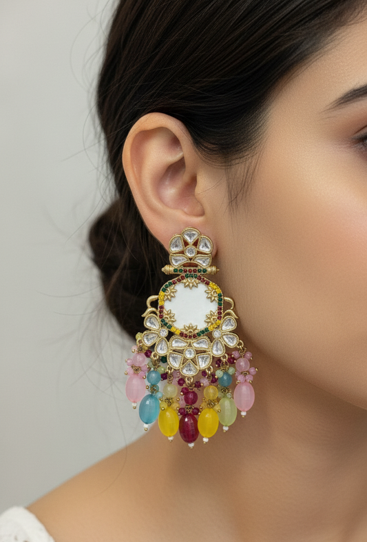 Traditional Indian Chandbali Earrings with Colorful Gemstone Drops