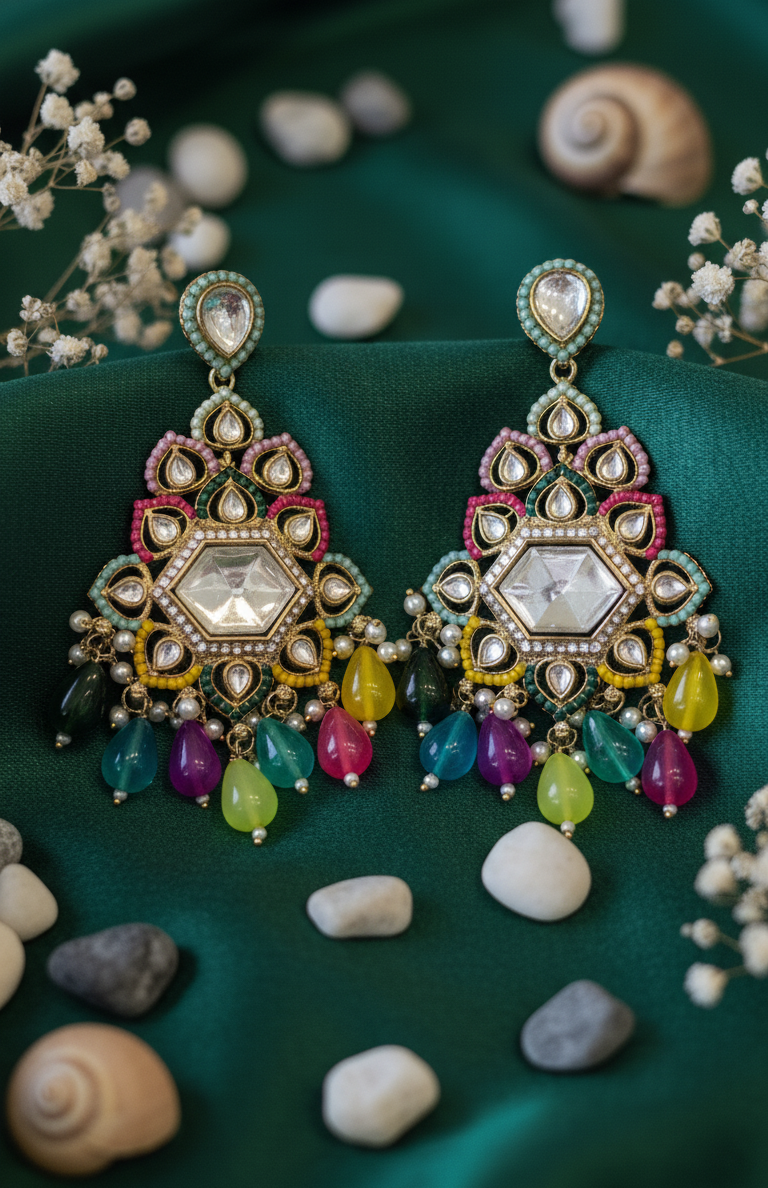 Kundan & Meenakari Chandelier Earrings with Gemstone Drops
