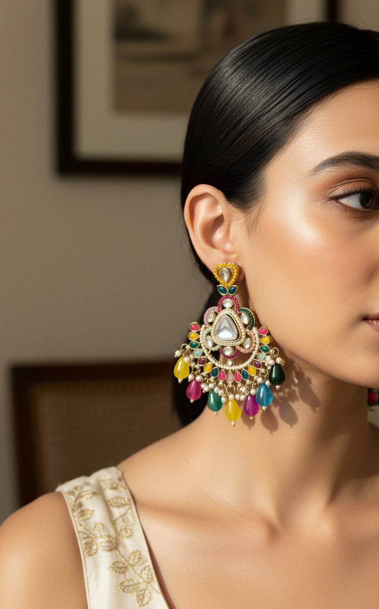 Kundan Polki Chandbali Earrings with Colorful Beads