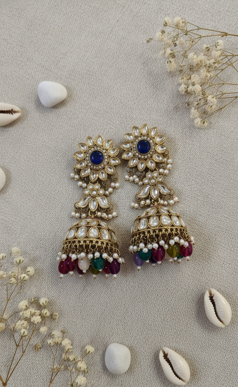 Kundan Jhumka Earrings with Colorful Gemstone Drops