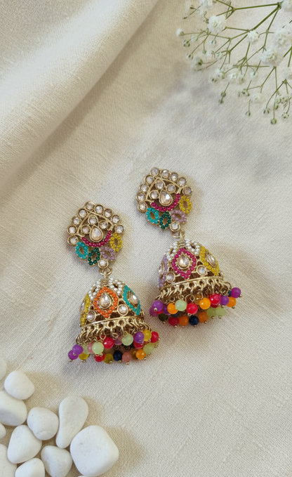 Vibrant Multi-Color Enamel & Kundan Jhumka Earrings