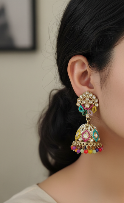 Vibrant Multi-Color Enamel & Kundan Jhumka Earrings