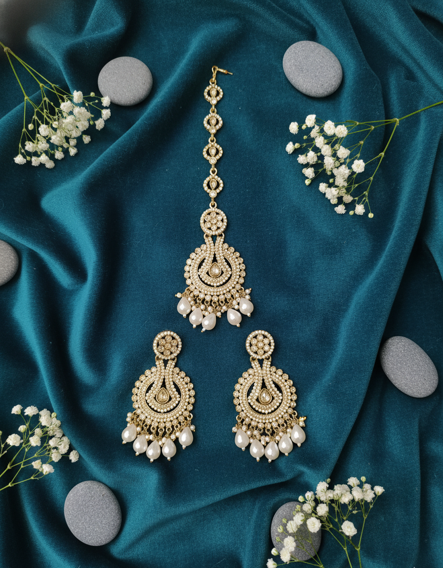 Royal Teardrop Kundan & Pearl Maang Tikka with  Earrings Set