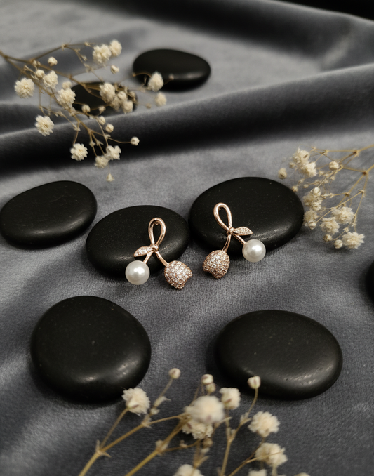 Chic Rose Gold Pearl & Pave Cherry Drop Earrings
