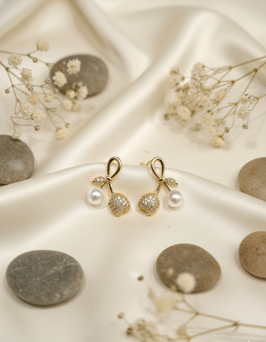 Chic Rose Gold Pearl & Pave Cherry Drop Earrings