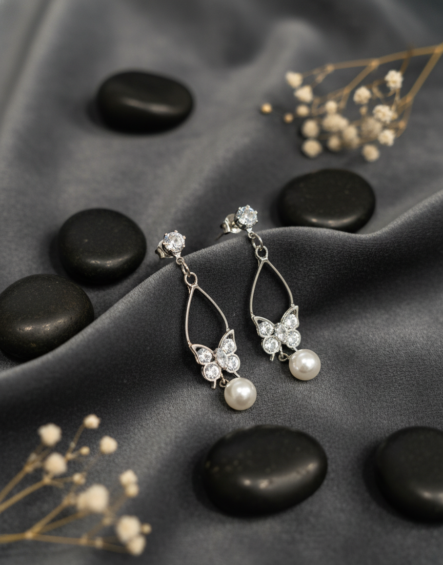 Golden Sparkling Butterfly & Pearl Drop Earrings