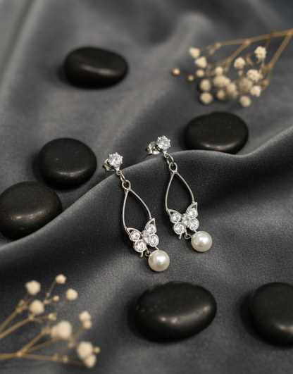 Golden Sparkling Butterfly & Pearl Drop Earrings