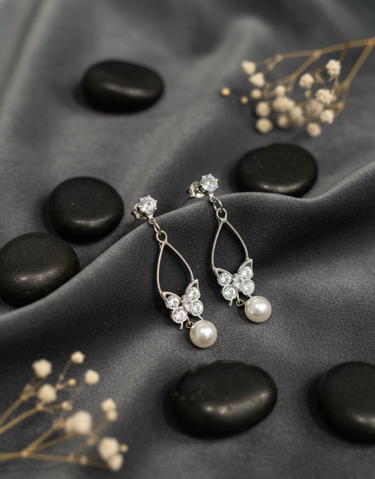 Golden Sparkling Butterfly & Pearl Drop Earrings