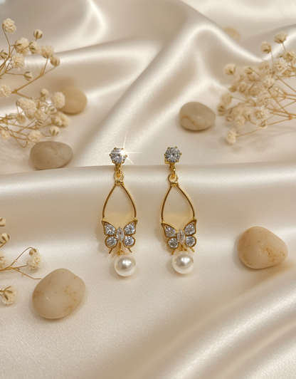 Golden Sparkling Butterfly & Pearl Drop Earrings