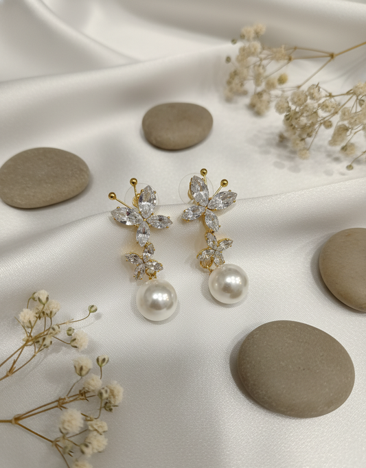 Crystal Butterfly & Pearl Drop Earrings