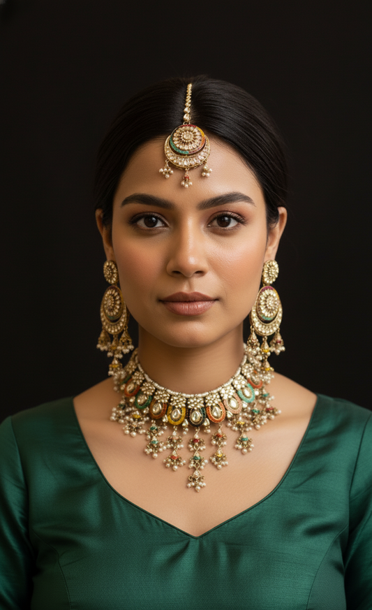 Vibrant Multi-Color Kundan & Pearl Drop Choker Set