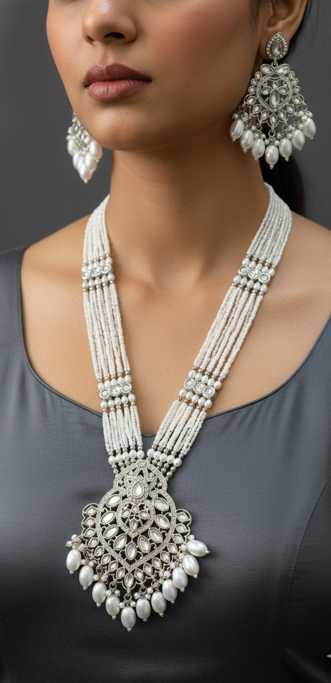 Silver Blossom Pearl & Kundan Grandeur Necklace Set