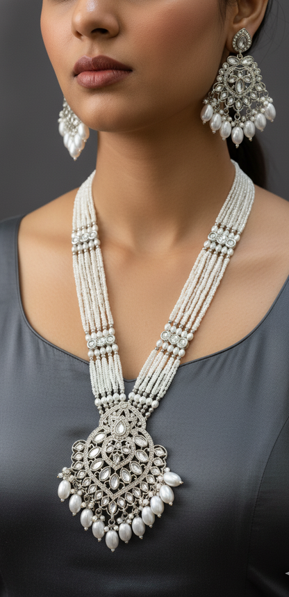 Silver Blossom Pearl & Kundan Grandeur Necklace Set