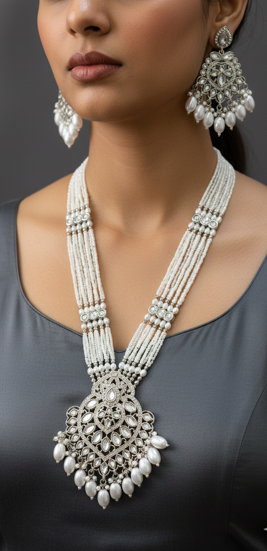 Silver Blossom Pearl & Kundan Grandeur Necklace Set