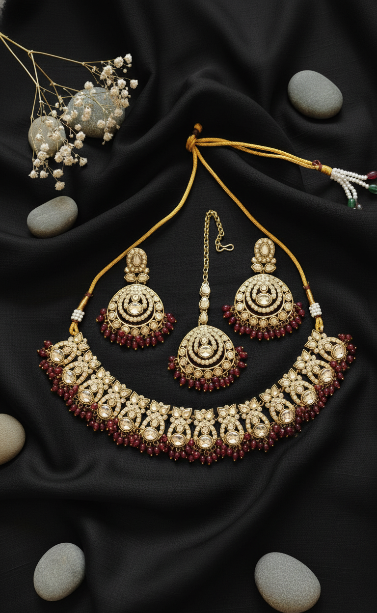 Royal Kundan & Pearl Necklace Set with Maang Tikka