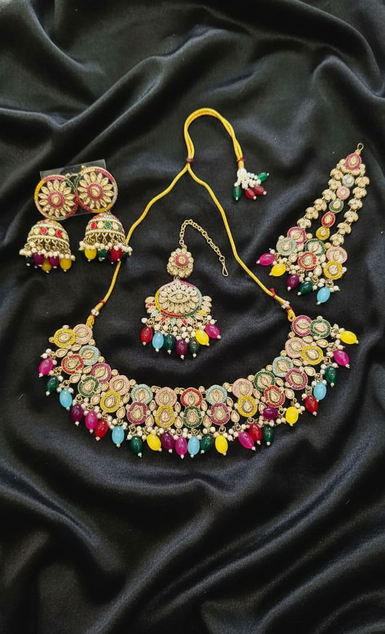 Multi-Color Stone & Pearl Choker Set