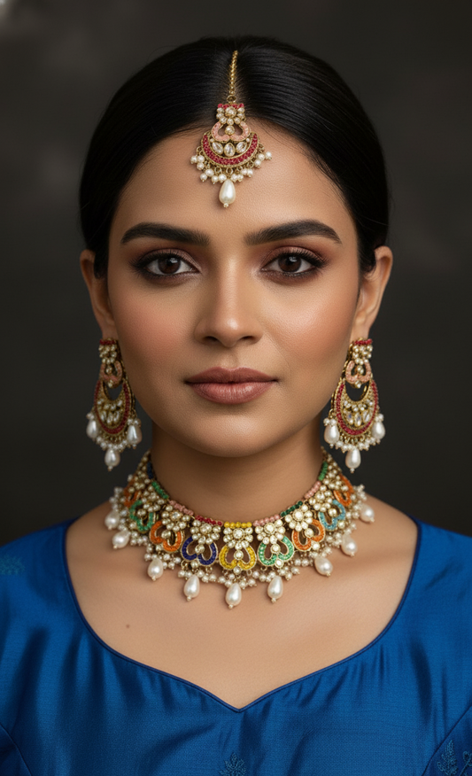 Multi-Color Kundan & Pearl Floral Choker Set