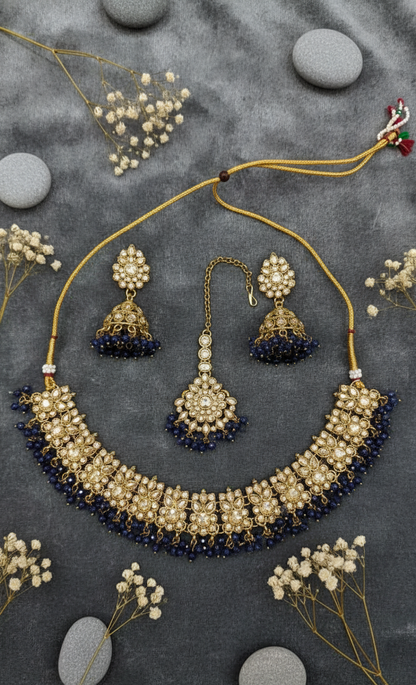 Gold Kundan Choker Set with Sapphire Beads