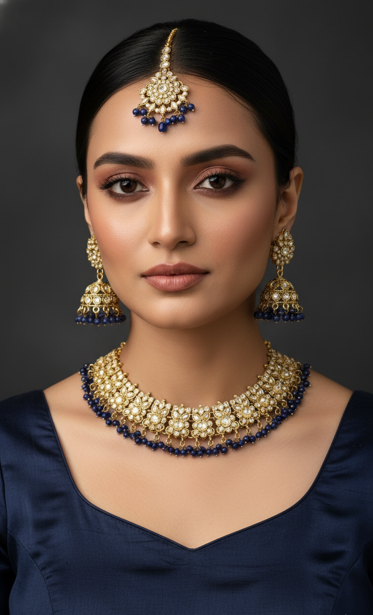 Gold Kundan Choker Set with Sapphire Beads