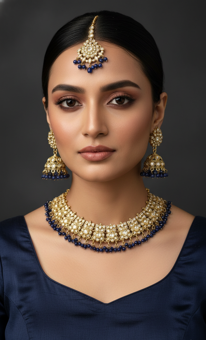 Gold Kundan Choker Set with Sapphire Beads