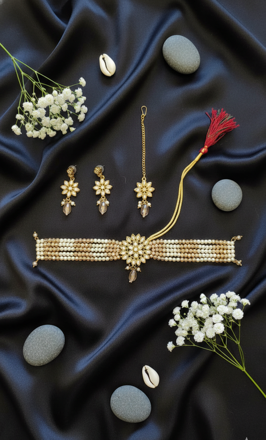 Elegant Pearl and Gold Floral Choker Set