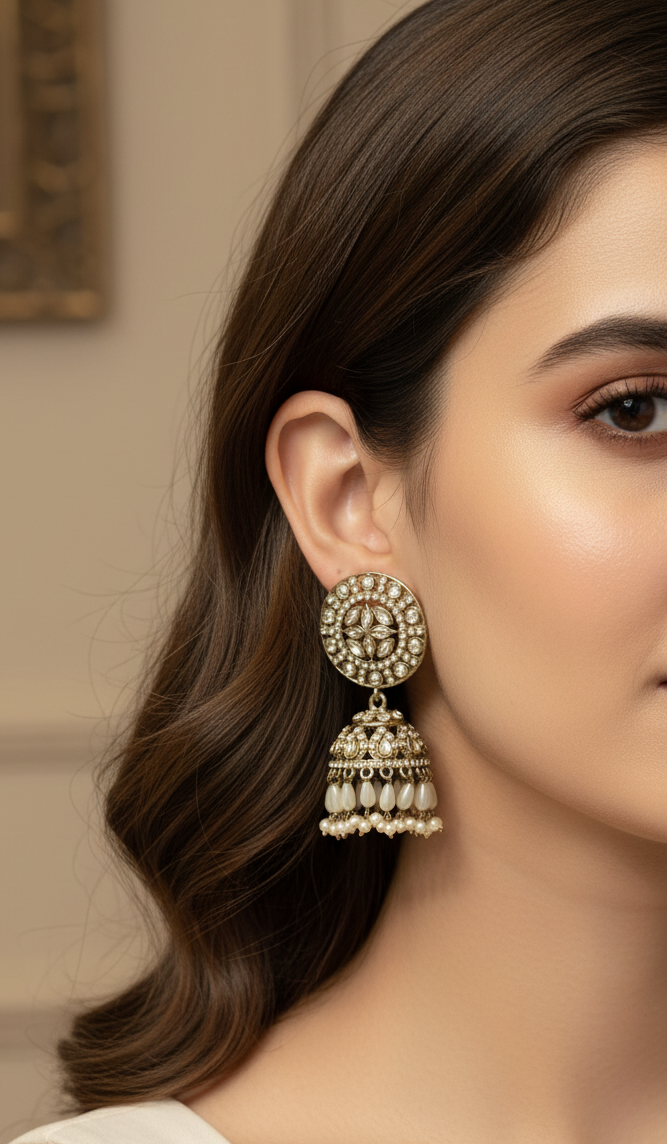 Pearl Cluster Kundan Jhumka Earrings