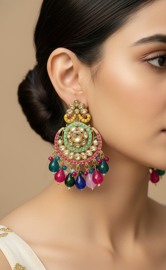 Vibrant Multi-Colored Kundan & Beaded Chandbali Earrings