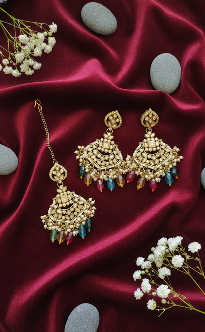 Gold-Toned Kundan & Multi-Beaded Maang Tikka