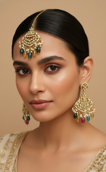 Gold-Toned Kundan & Multi-Beaded Maang Tikka
