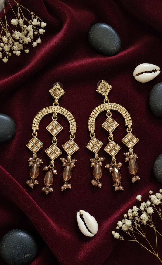 Dazzling Champagne Stone & Gold-Toned Chandelier Earrings