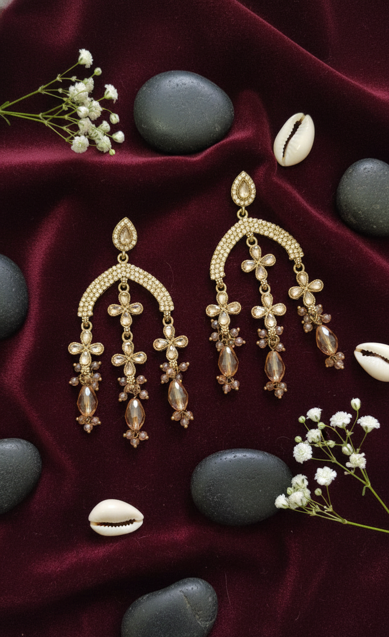 Ornate Gold-Toned &  Champagne Stone Chandelier Earrings