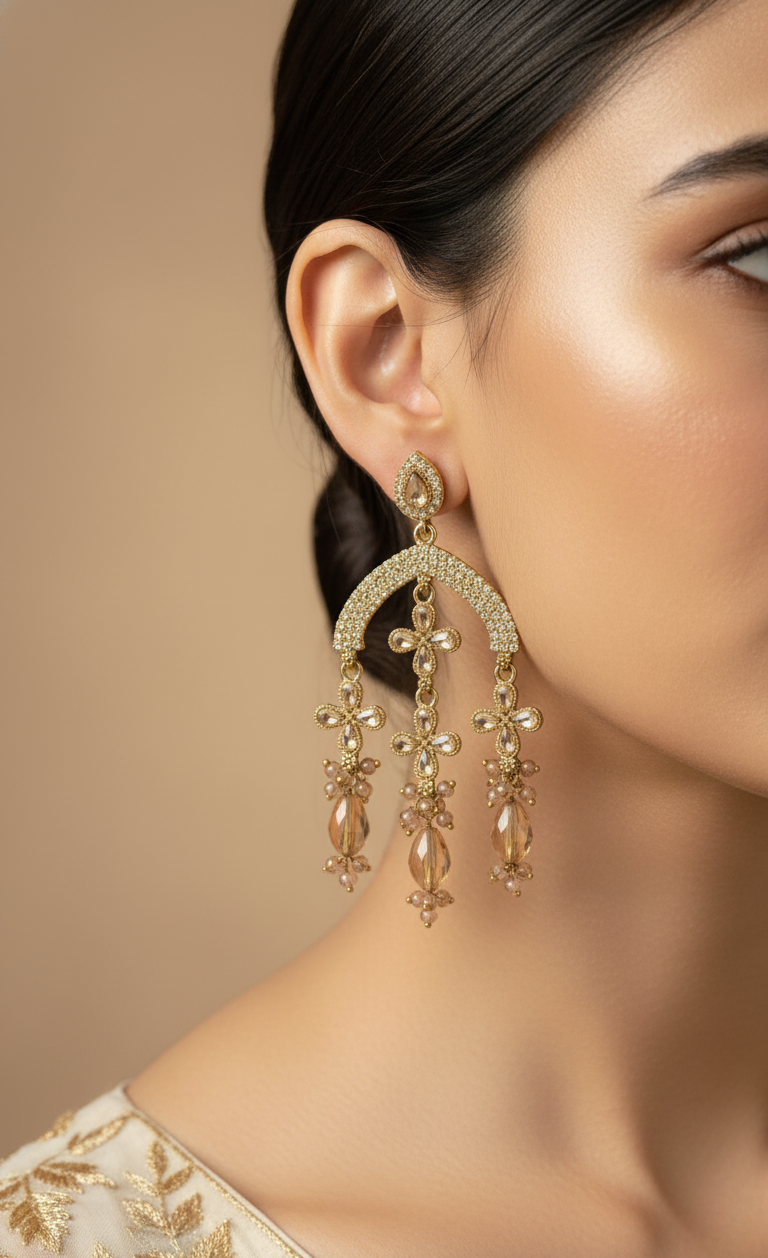 Ornate Gold-Toned &  Champagne Stone Chandelier Earrings