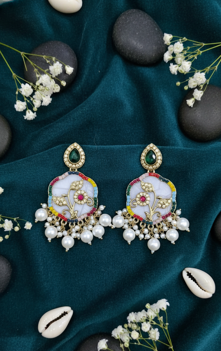 Artistic Meenakari & Pearl Drop Chandbali Earrings