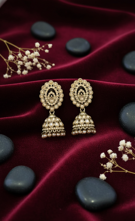 Dazzling Gold-Toned & Champagne Stone Jhumka Earrings