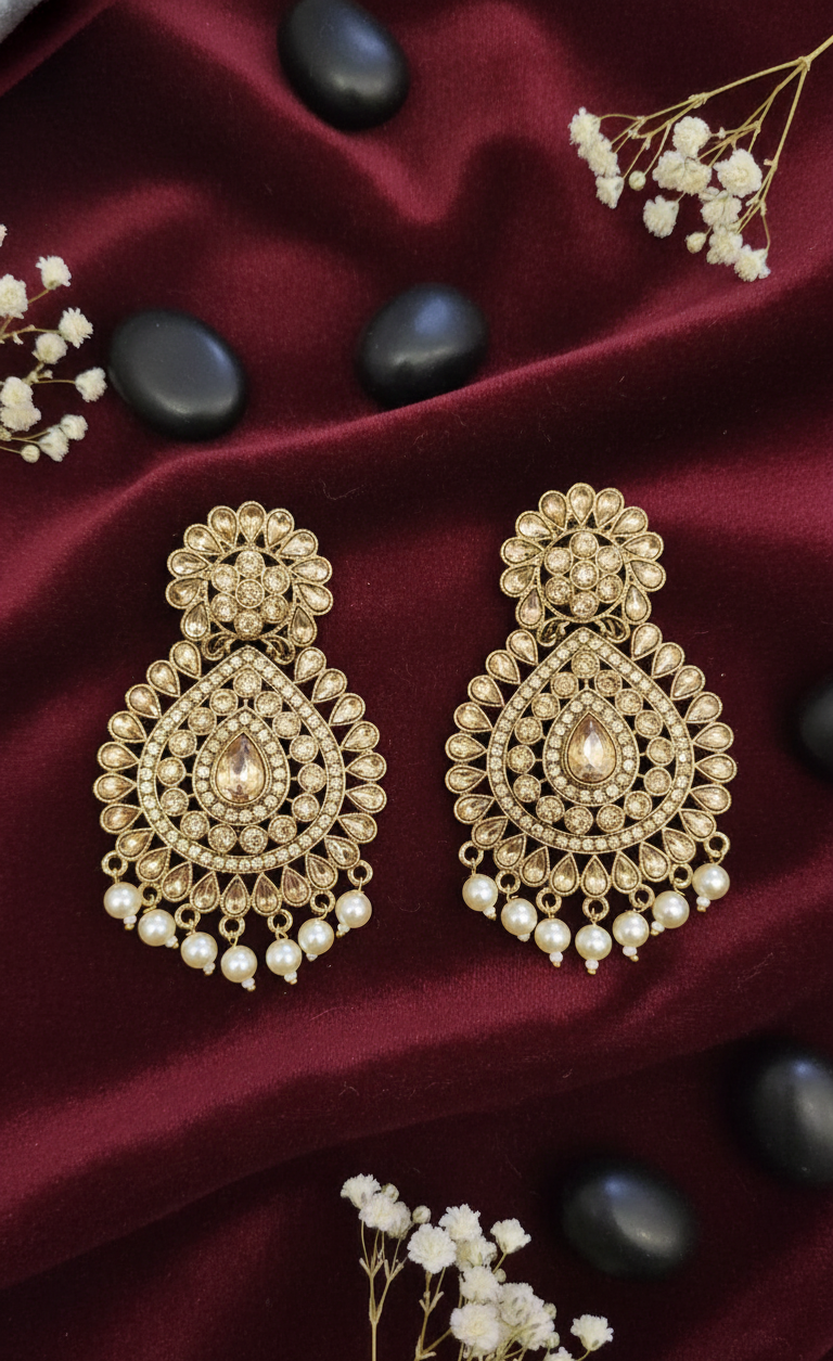 Grand Champagne Stone & Pearl Drop Chandbali Earrings