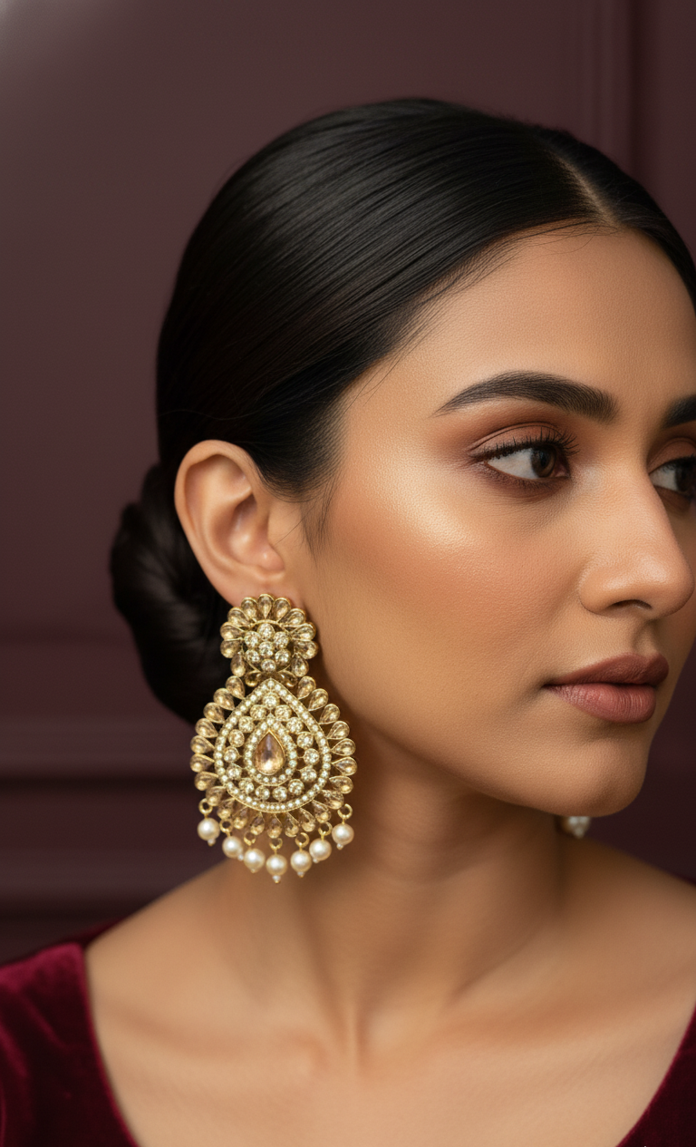 Grand Champagne Stone & Pearl Drop Chandbali Earrings