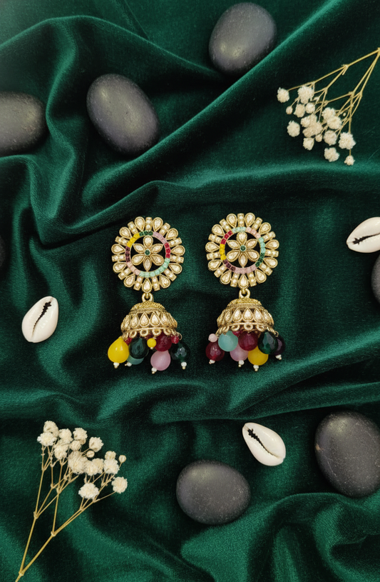 Vibrant Multi-Colored Kundan & Beaded Jhumka Earrings