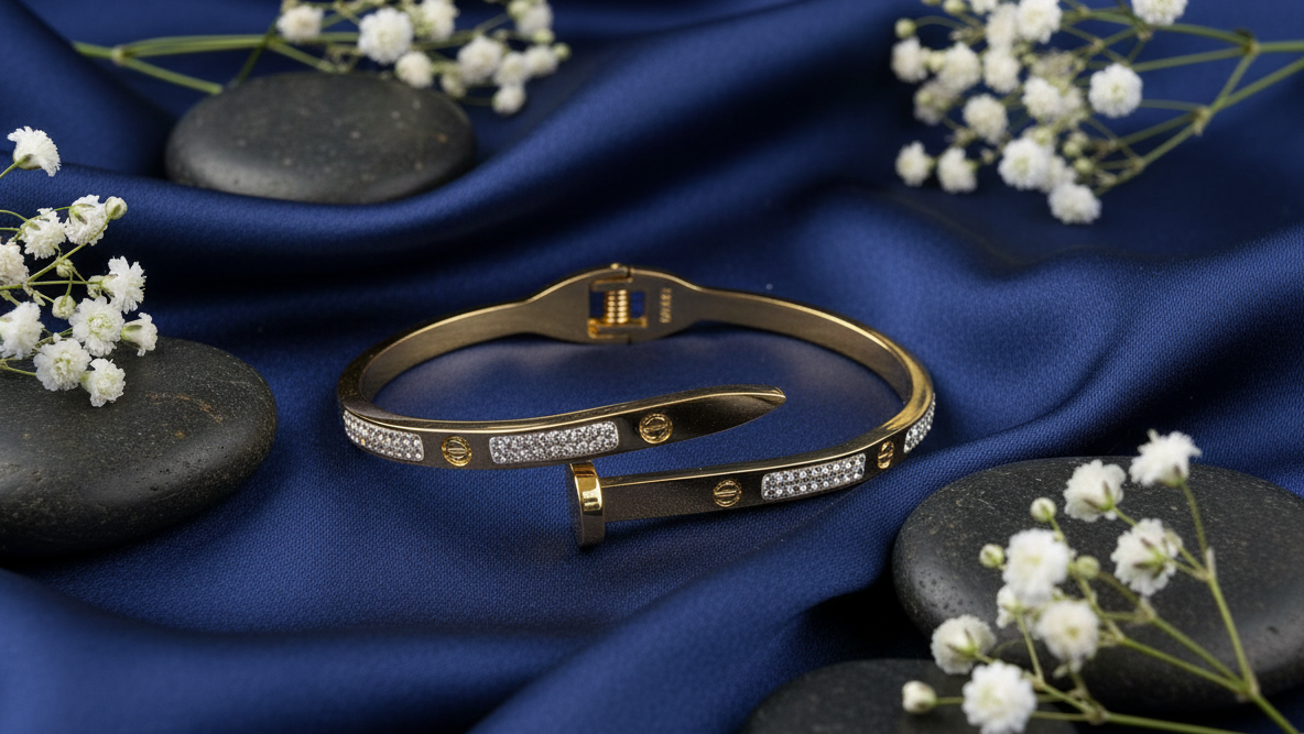 Pave Nail Golden Bangle (For Delicate Hands)