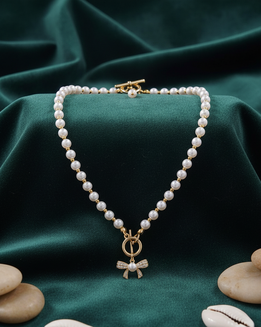 Dainty Bow Pearl Toggle Necklace