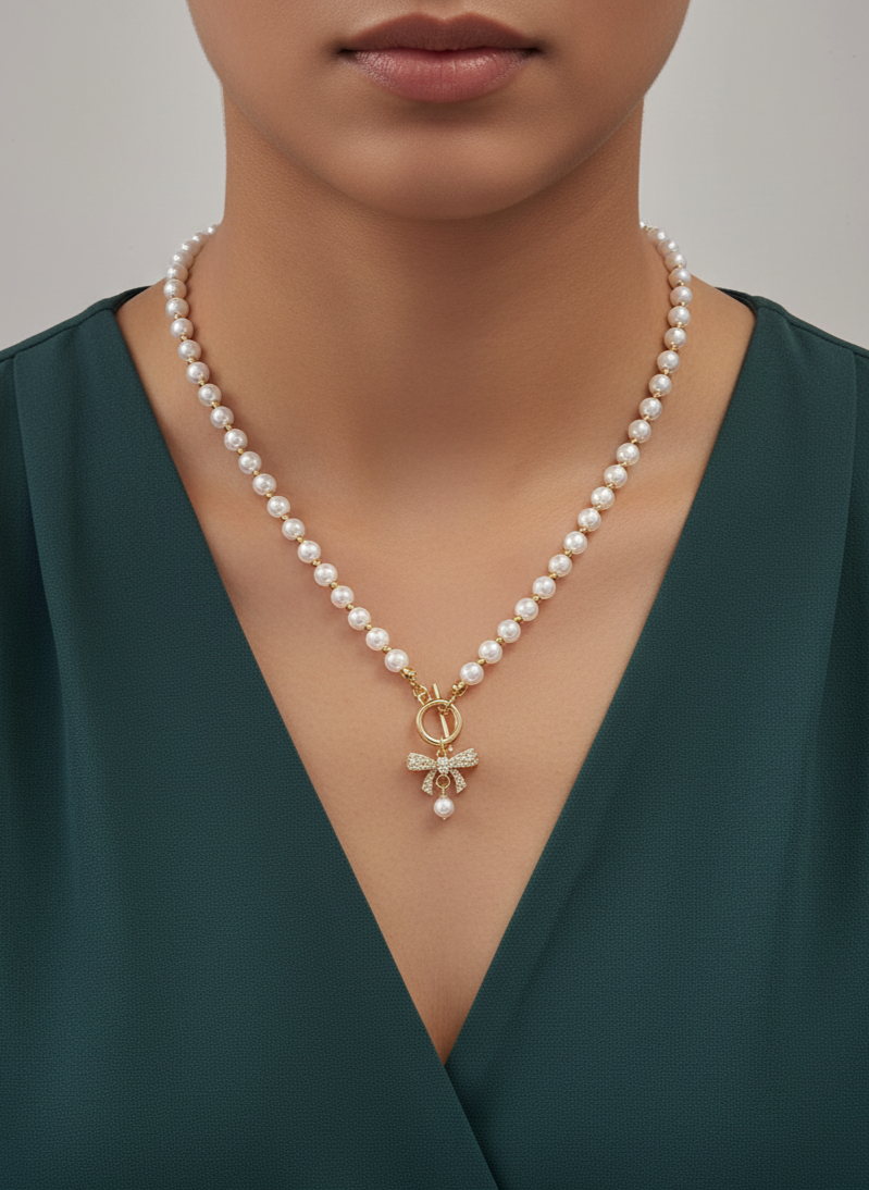 Dainty Bow Pearl Toggle Necklace