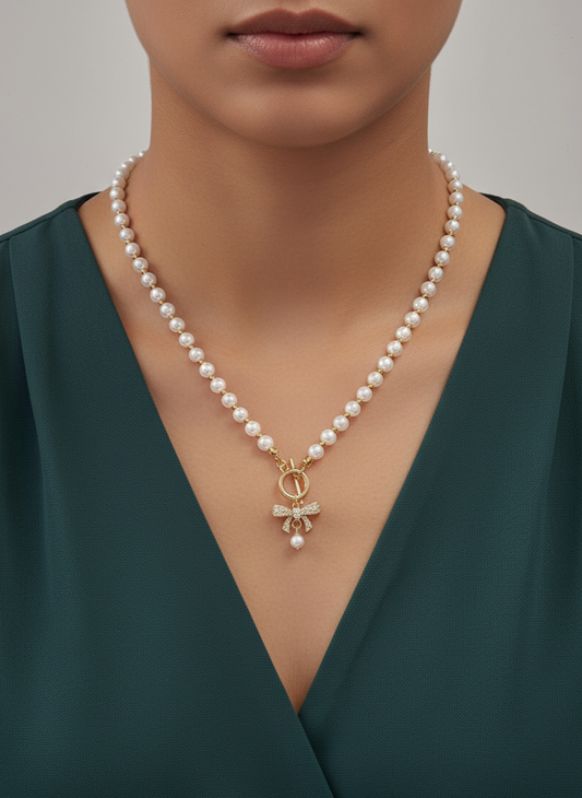 Dainty Bow Pearl Toggle Necklace