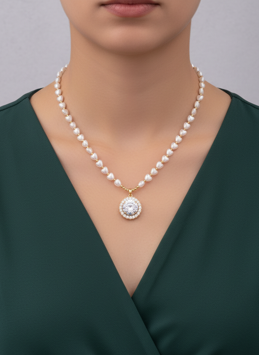 Hexagonal Pearl  Pave Charm Necklace