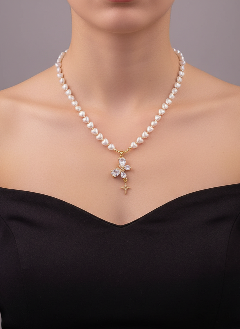 Dainty Blossom Pearl  Cross Necklace