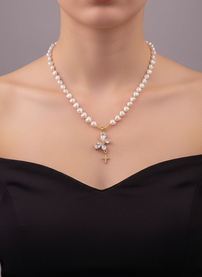 Dainty Blossom Pearl  Cross Necklace