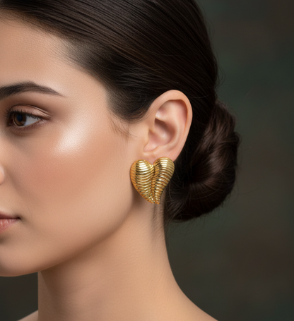 Golden Ribbed Heart Drop Earrings