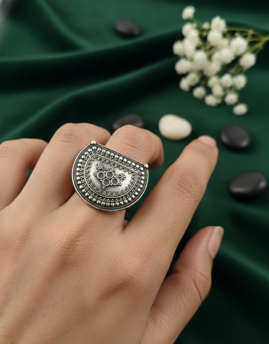 German Silver Half-Moon Dotwork Ring